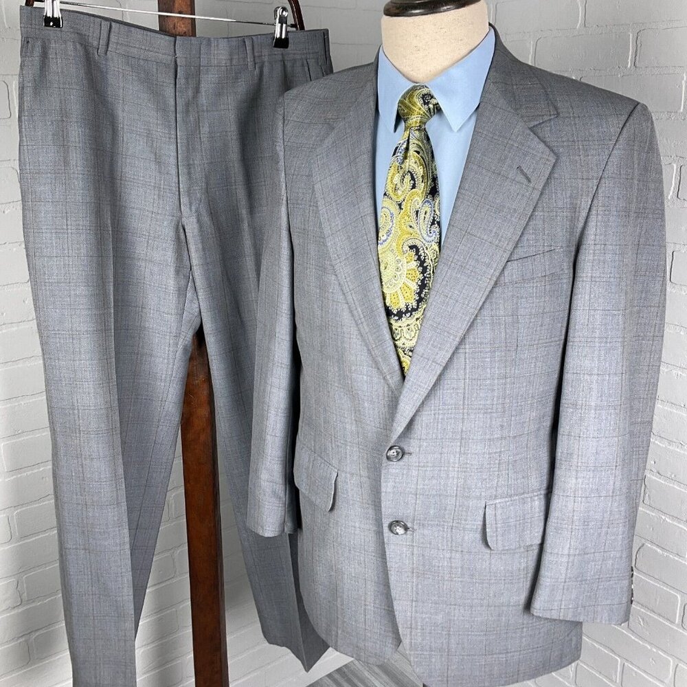 Laughton‎ Hunter Suit Men 40 32Wx29L Gray Blue Multi Plaid Flat Classic Career